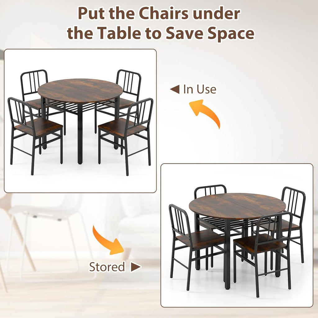 GOFLAME 5-Piece Round Dining Table Set for 4, Space-Saving Kitchen Table and Chairs Set with Storage Shelf, Industrial Wooden Dinette Set for Dining Room, Living Room, Breakfast Nook, Rustic Brown