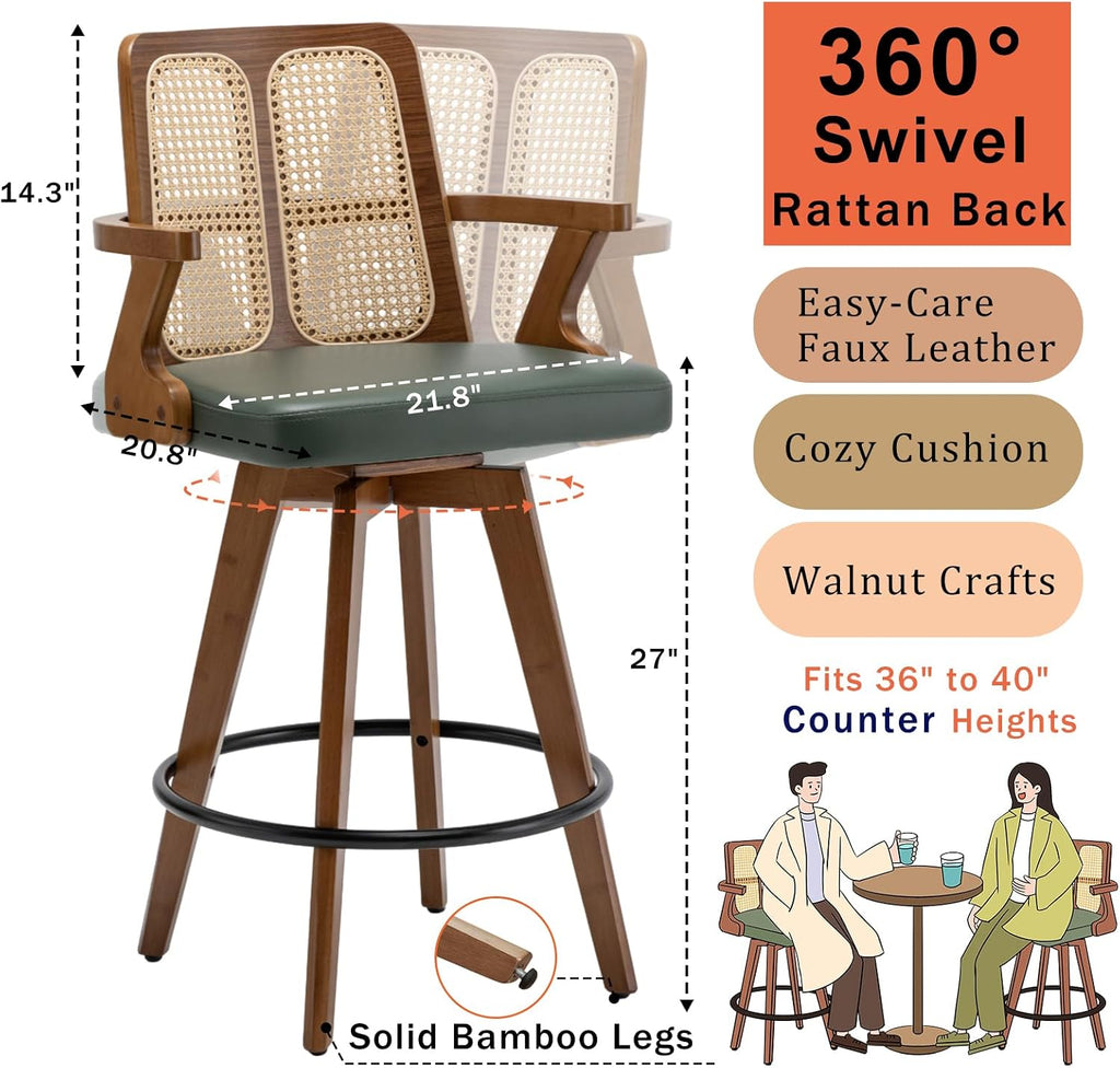 Swivel Counter Stools with Arms, Kitchen Island Stools with Rattan Back | Walnut Bentwood Frame, Curved Arms, Upholstered Seat, Adjustable Bamboo Legs, Counter Top Stools for Island, Pub, Kitchen