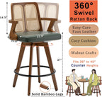 Swivel Counter Stools with Arms, Kitchen Island Stools with Rattan Back | Walnut Bentwood Frame, Curved Arms, Upholstered Seat, Adjustable Bamboo Legs, Counter Top Stools for Island, Pub, Kitchen