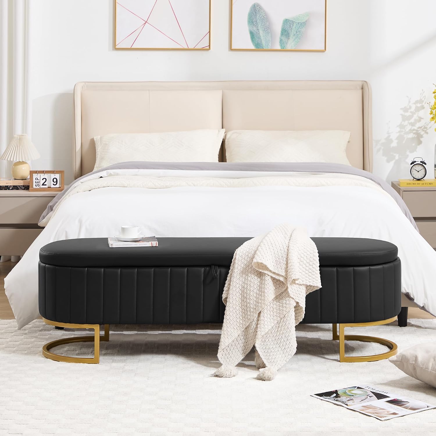 Storage Ottoman Bench, 63" Faux Leather End of Bed Bench Bedroom Bench King Size with Golden Metal Legs, Upholstered Storage Bench for Bedroom Living Room Entryway and Window, Black