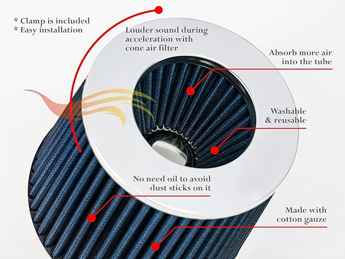 BLUE 3.5" 89 mm Inlet Truck Air Cone Replacement Performance Washable Clamp-On Dry Air Filter (8" Tall)