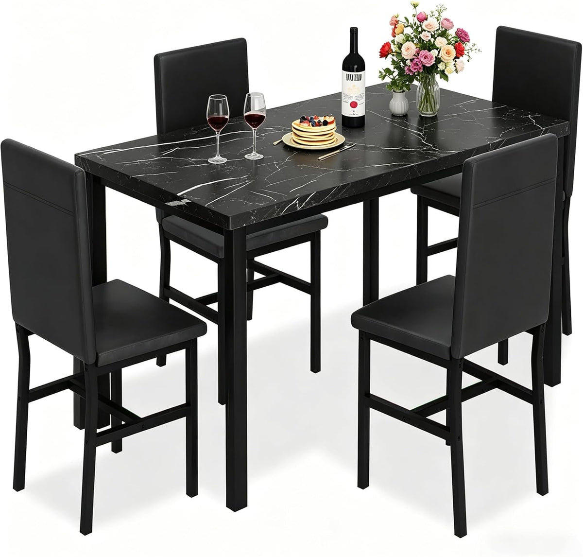 DKLGG 5-Piece Dining Table Set for 4, Faux Marble Kitchen Table Chairs Set of 4 with Upholstered Chairs, Modern Dining Room Table Set for Small Spaces (Black+Black)