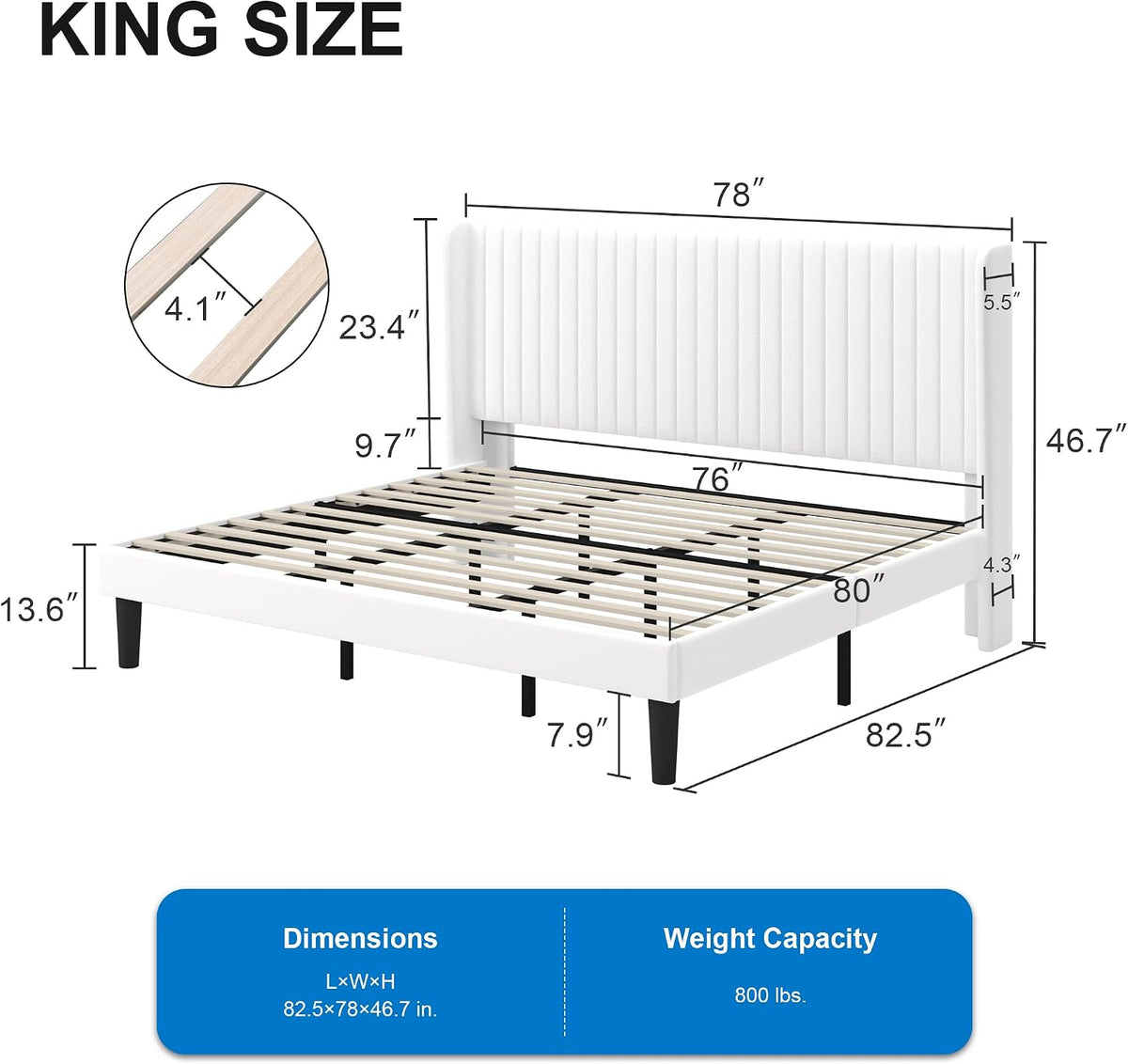 GOLDORO Upholstered King Size Bed Frame with Wingback Headboard, White