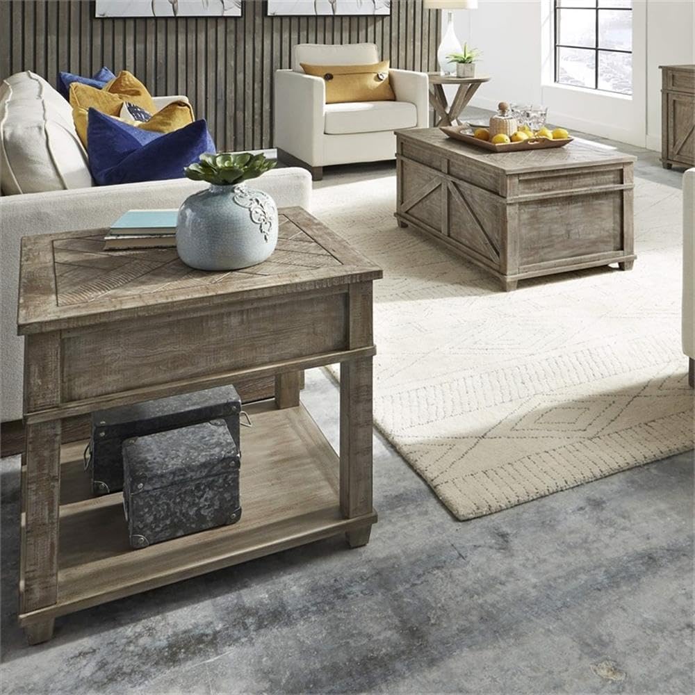 Pemberly Row 3 Piece Pine Wood Living Room Table Set, Weathered Taupe Finish, Planked Top Coffee Table with Casters, Cedar-Lined Storage, Two End Tables, Rustic Style Furniture for Living Room Decor