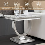 White Faux Marble End Table,Modern Sofa Side Tables with Silver Mirrored Stainless Steel Base and Faux Marble Tabletop for Home Office Living Room (White Silver End Table)