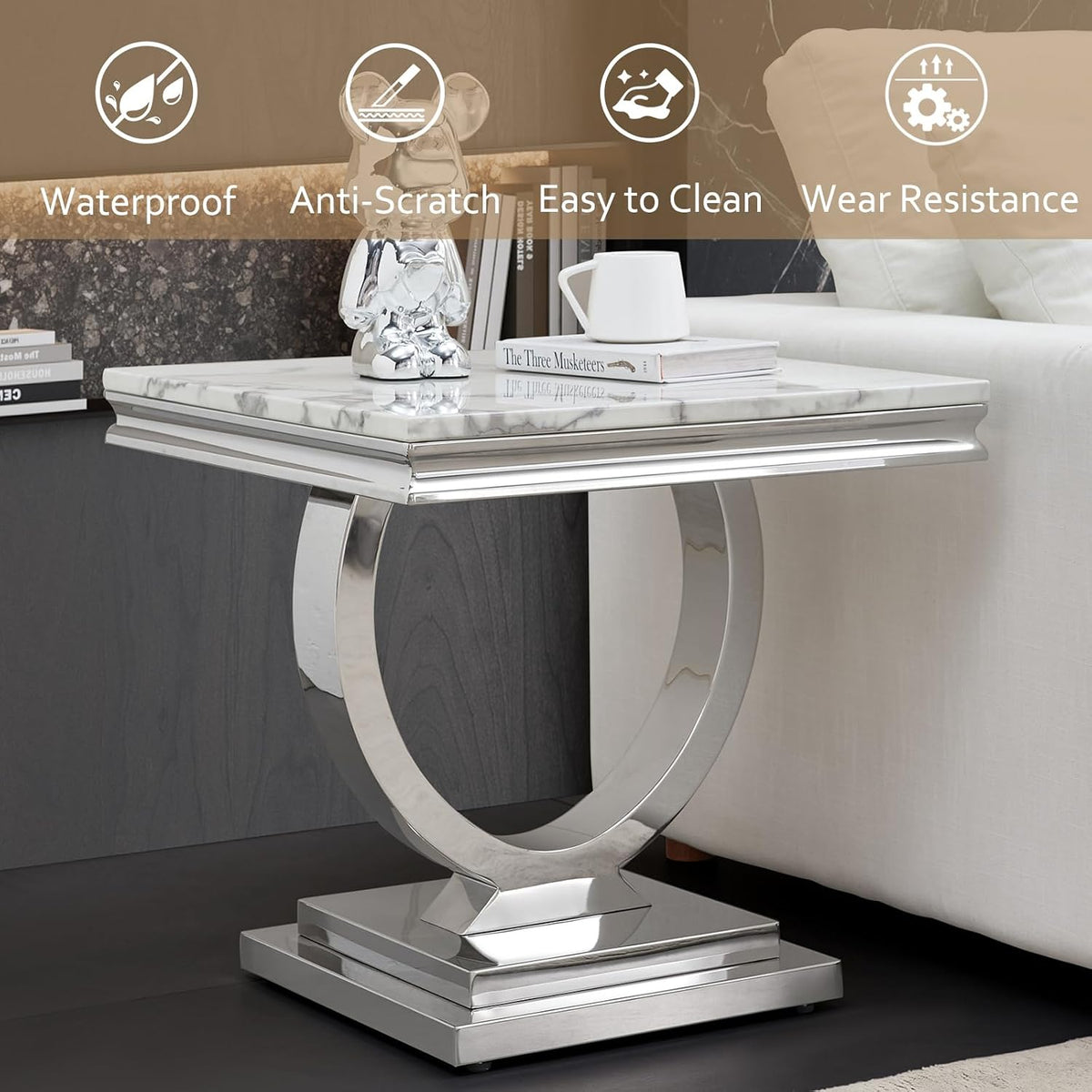 White Faux Marble End Table,Modern Sofa Side Tables with Silver Mirrored Stainless Steel Base and Faux Marble Tabletop for Home Office Living Room (White Silver End Table)