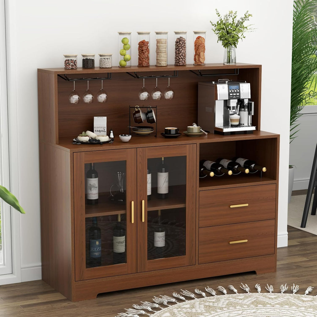 Bar Cabinet for Home with LED Light,Coffee Bar Cabinet w/ Wine & Glass Rack | Kitchen Buffet Sideboard with Storage Cabinet&Drawers, Modern Liquor Cabinet for Living Room Dining Room (Brown)