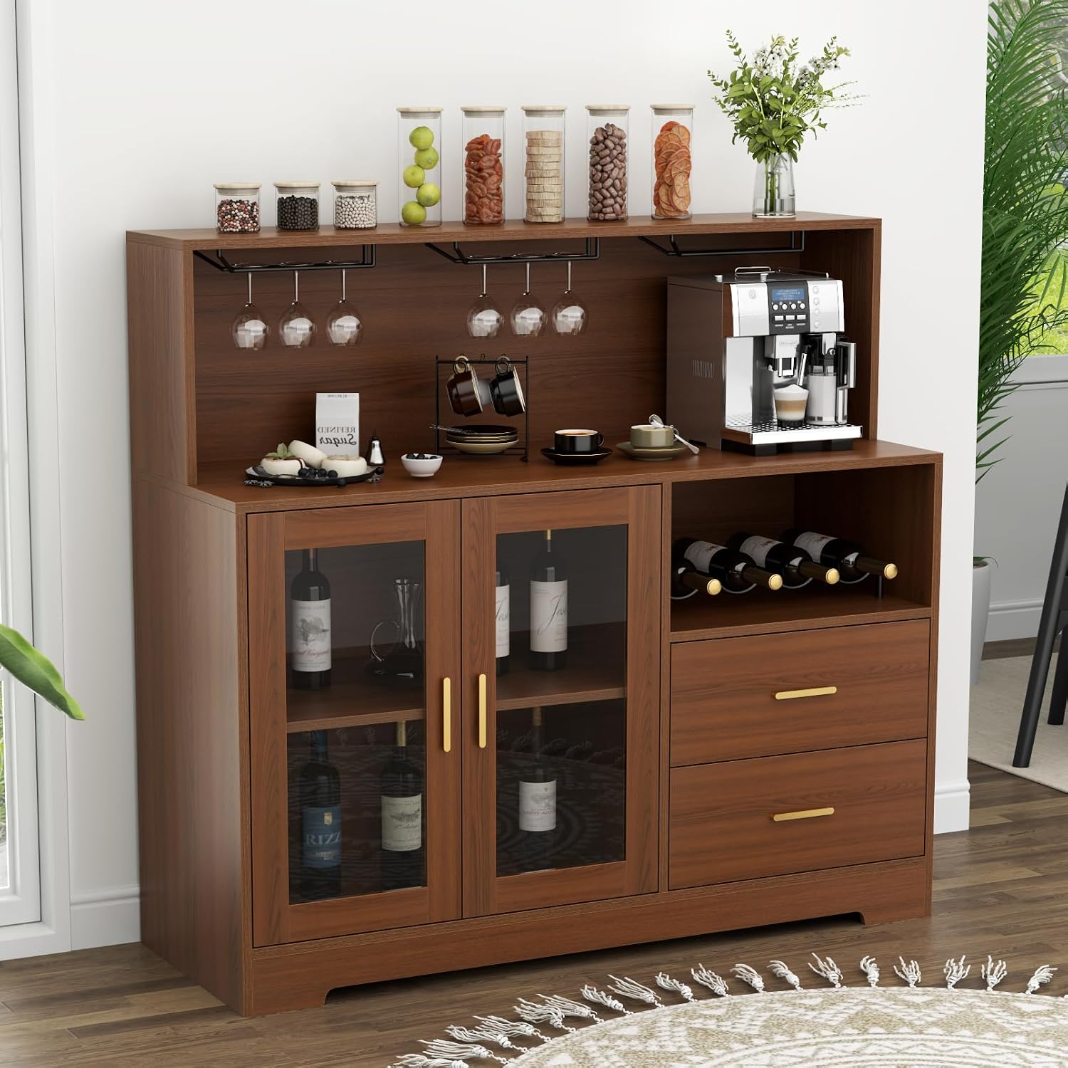 Bar Cabinet for Home with LED Light,Coffee Bar Cabinet w/ Wine & Glass Rack | Kitchen Buffet Sideboard with Storage Cabinet&Drawers, Modern Liquor Cabinet for Living Room Dining Room (Brown)