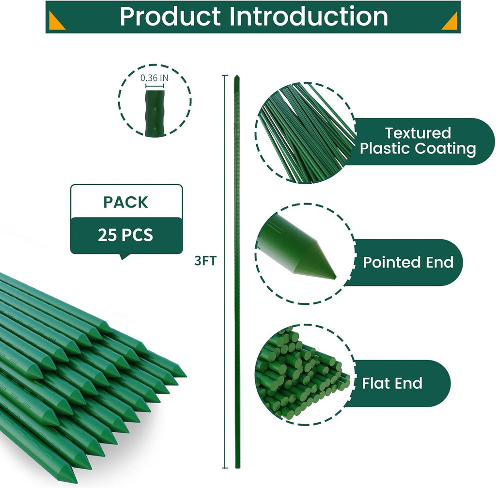 36 Inch 3 Ft Plant Support Garden Stakes 25 PCS, Sturdy Steel Plastic Coated Sticks for Outdoor Growing Climbing, Tomato, Trees, Cucumber, Beans