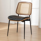 Rattan Dining Room Chairs Set of 4,Mid Century Black PU Leather Kitchen Chairs,Upholstered Seat Metal Legs Chair with Adjustable Foot Pads,Walnut Armless Side Chair