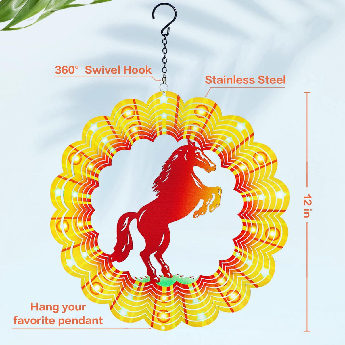 Horse Wind Spinners Horse Gifts for Women/Girls/Men 12 inch 3D Stainless Steel Hanging Wind Spinner Metal Wind Catchers Kinetic Sculpture for Indoor/Outdoor Decor, Yard Art, Garden Decorations