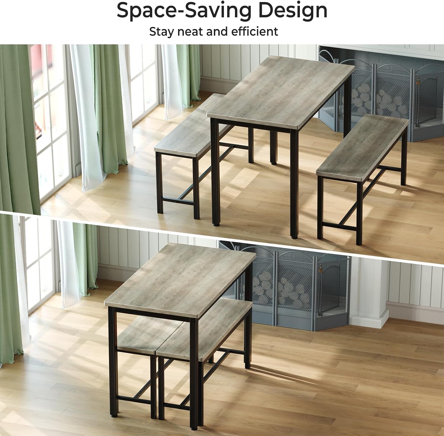 Tatub Dining Table Set for 4, 3-Piece Kitchen Table with 2 Benches, Space-Saving Dining Room Set for Breakfast Nook and Small Spaces, Grey | Kitchen Table and Chair Set，Dining Table with Chair, Space-Saving Dining Room Set for Breakfast Nook, Apartment
