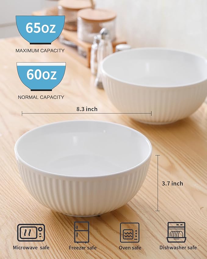 Hasense Large Salad Bowls of 2, Porcelain 60 Oz Serving Bowl 8 Inch for Kitchen Dining,Elegant Ribbed White Ceramic Dishes for Party,Soup,Pho,Pasta,Cereal,Fruit - Dishwasher & Microwave Safe