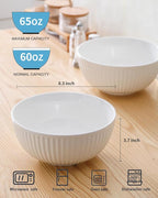 Hasense Large Salad Bowls of 2, Porcelain 60 Oz Serving Bowl 8 Inch for Kitchen Dining,Elegant Ribbed White Ceramic Dishes for Party,Soup,Pho,Pasta,Cereal,Fruit - Dishwasher & Microwave Safe