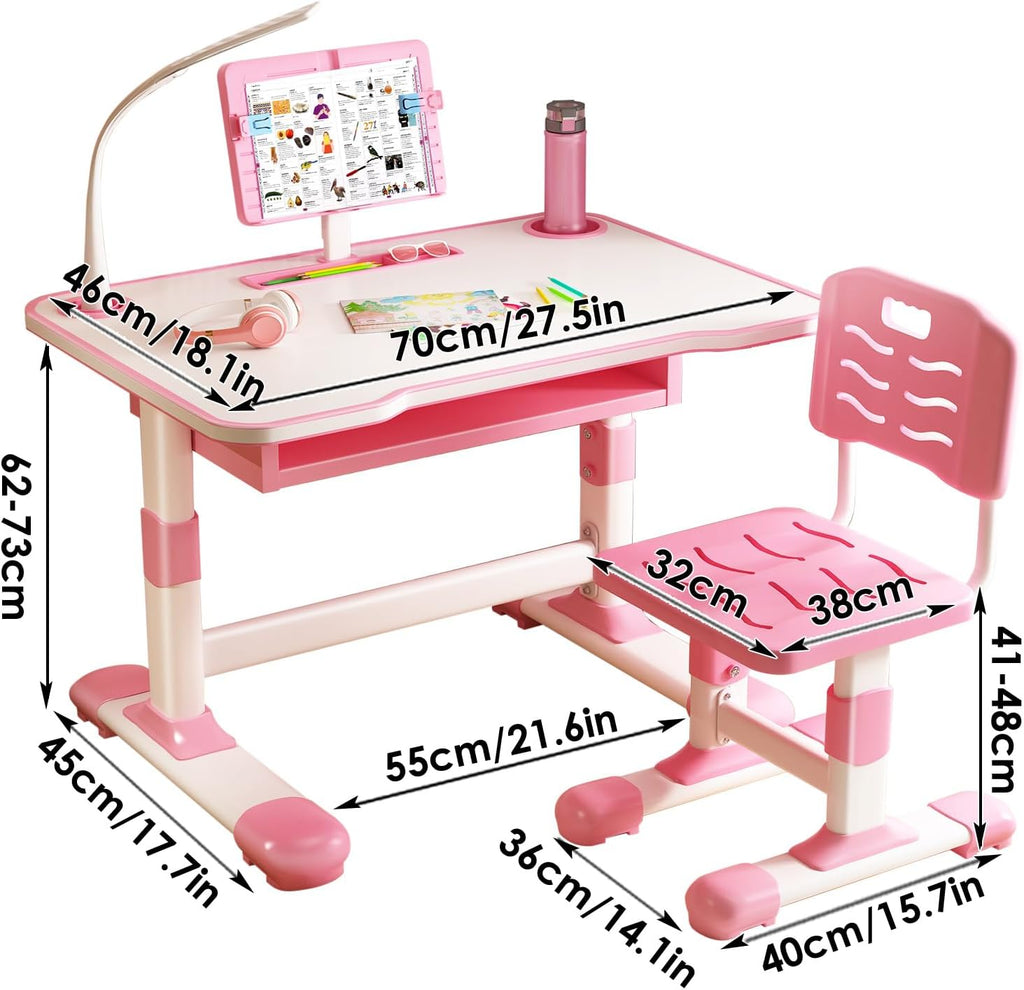 Kids Desk and Chair Set with LED Light | Adjustable Children's Study Table with Tiltable Book Stand & Large Drawer for Bedroom or Living Room (Pink/Blue) (Pink)