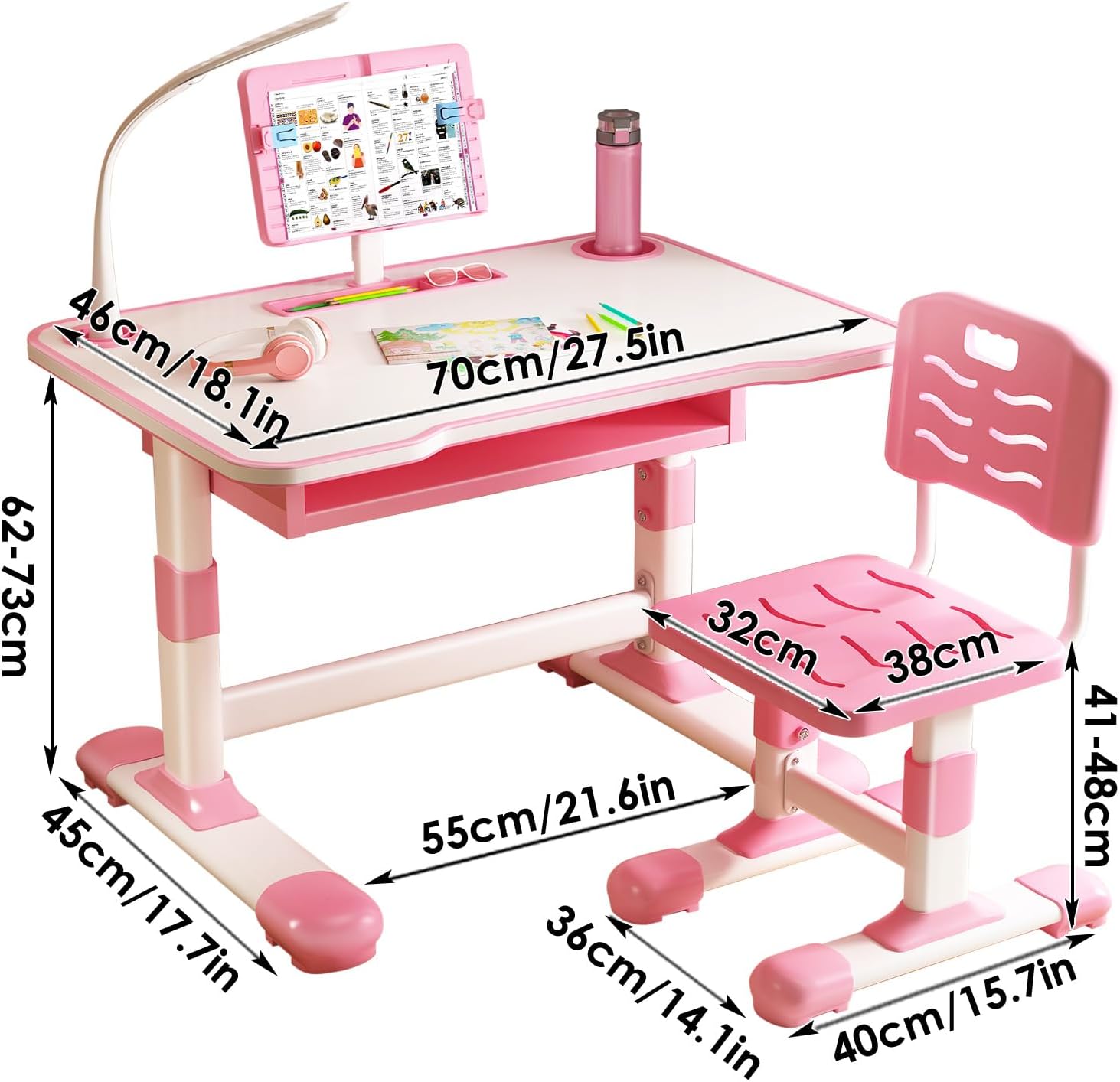Kids Desk and Chair Set with LED Light | Adjustable Children's Study Table with Tiltable Book Stand & Large Drawer for Bedroom or Living Room (Pink/Blue) (Pink)