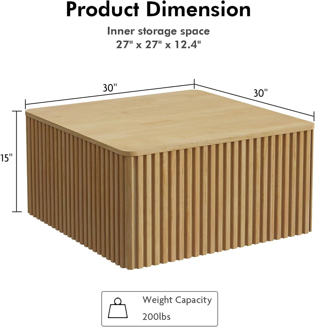 Fluted Coffee Table and End Table Sets-Living Room Square Tables with Large Storage, Mid Century Modern Wood Acccent Table Set of 3, Natural