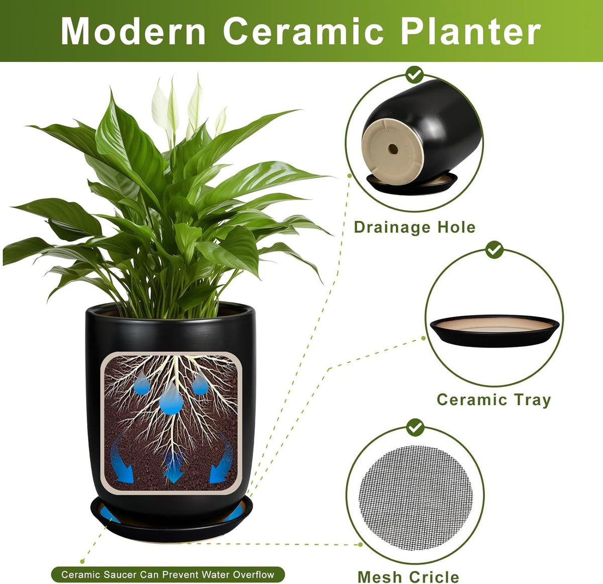 Ceramic Planter Pot - 12 Inch Large Plant Pot with Drainage Hole and Saucer Modern Flower Pot for Indoor Outdoor Plants Home Garden Decor Black