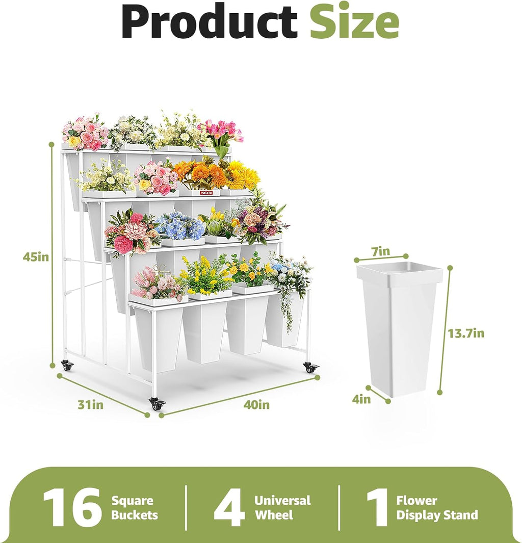 4 Layers Flower Display Stand with Buckets, 16 PCS Buckets Plant Stand with Wheels, Movable Metal Plant Stand for Terrace Garden, Living Room, Florist Shop