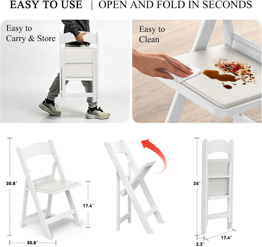 Nazhura Garden and Patio Folding Chair Set of 4 for Events and Wedding, Lightweight with Padded Seat, Water-Proof, Double Braced Frame, Non-Slip Feet, 350LB Capacity (White)