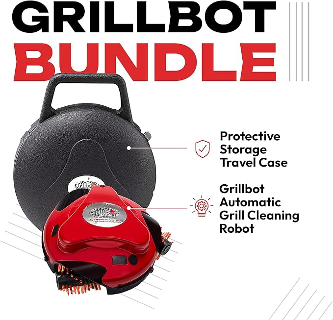 Grillbot Automatic Grill Cleaning Robot with Nylon Brushes, BBQ Grill Cleaner, Grill Brush, Grill Scraper, BBQ Accessories (Red Grillbot + Carry Case)