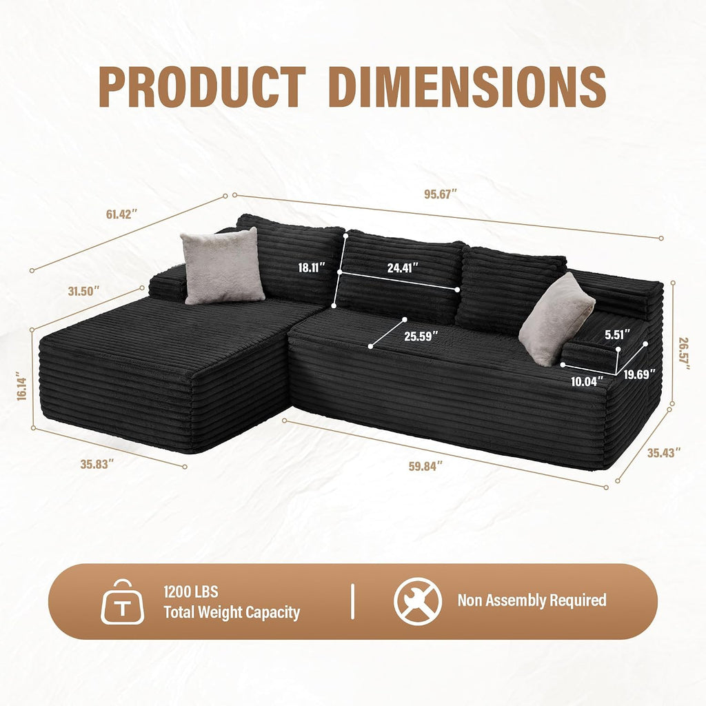 Hobestluk Couch Modular Sectional Sofa L-Shape Lounge Cloud Couch | Memory Foam,Washable Cover,No Assembly,Non-slip Base,Small Sectional Couches for Living Room | 96" Left Facing Chaise Black