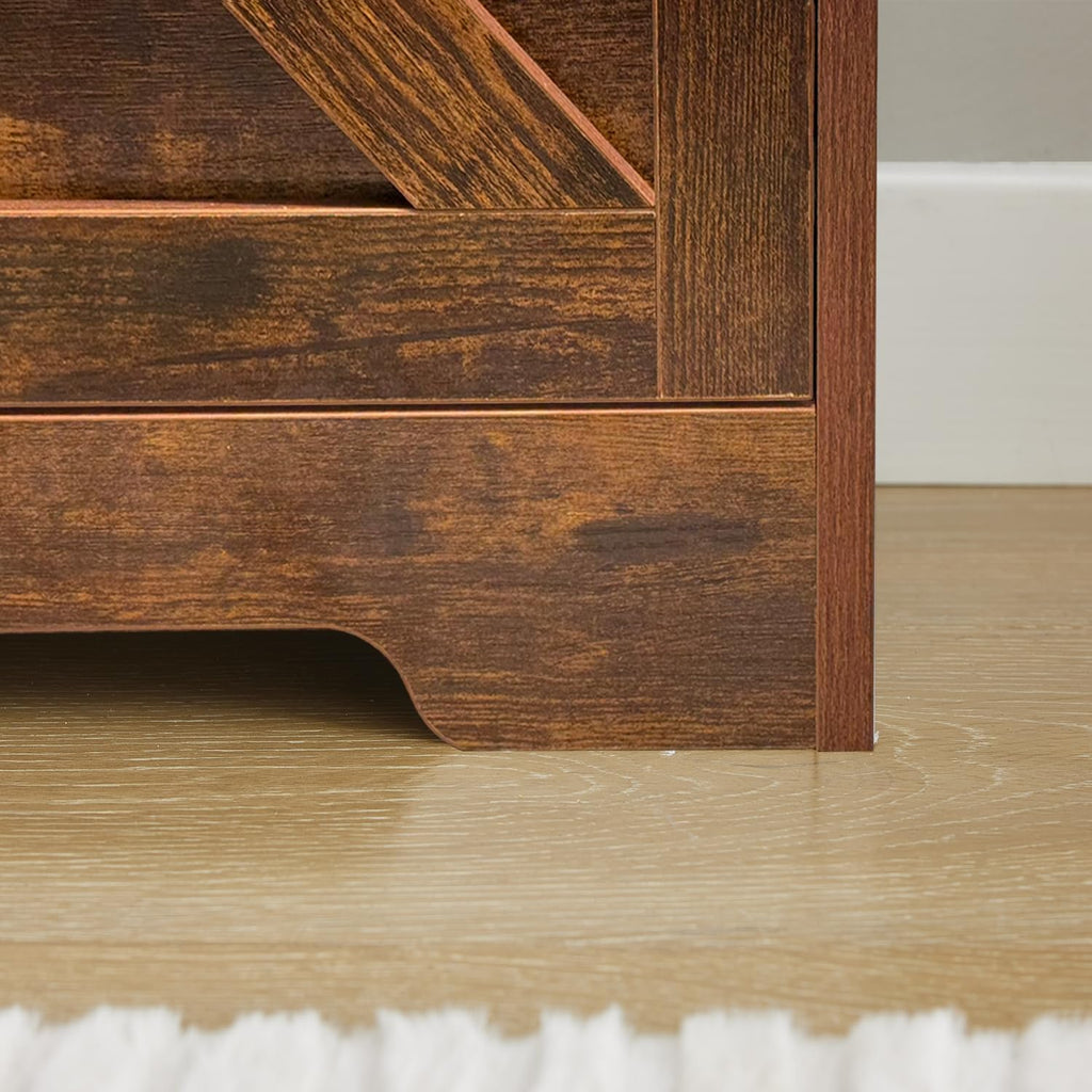 Shoe Storage Bench with 2 Flip Drawers & Barn Doors, Entryway Shoe Cabinet with Adjustable Shelves and Cushioned Seat,Shoe Organizer Storage Bench for Hallway, Living Room, Bedroom, Brown