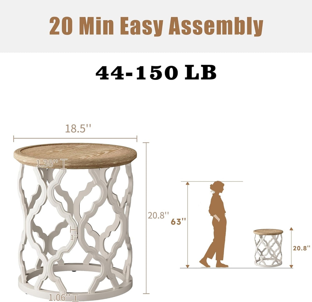 karlott Farmhouse End Table, 18.5'' French Country Round Side Table, Distressed Tray Top Side Table with Curved Motif Frame Base for Boho, End Tables Living Room, Bedroom, Small Space, Cream Beige