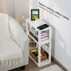 YUFAM 3-Tier Small Narrow Wood Side Table with Charging Station, Skinny Nightstand for Small Space, Slim Bedside Table with Storage for Couch, Thin End Table with USB Ports and Outlets, White