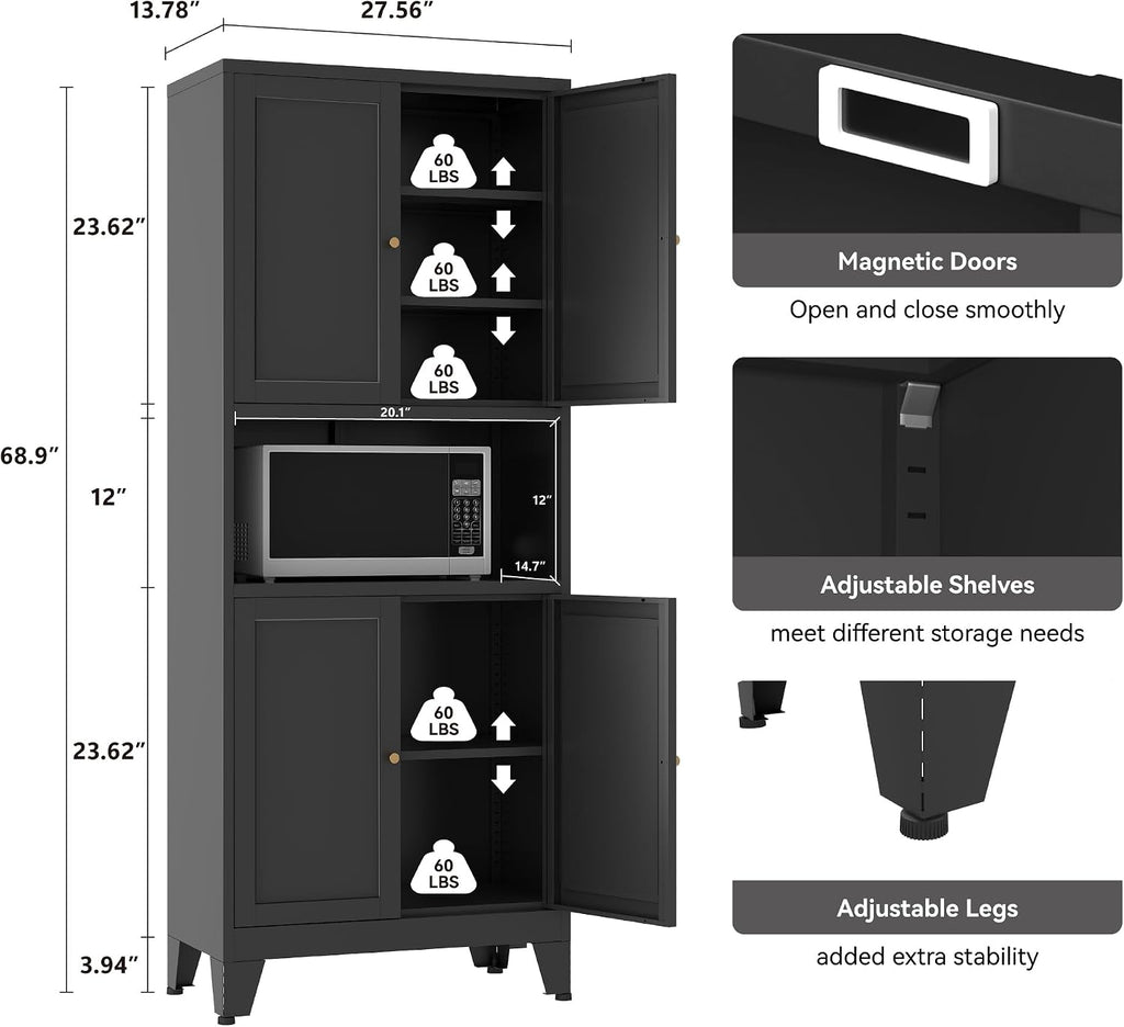 YAUWOH 69" Tall Metal Pantry Cabinet with Microwave Shelf, 4 Doors & 3 Adjustable Shelves, 120LBS Per Shelf Heavy Duty Storage Cabinet with Anti-Tip Design for Kitchen,Dining Room (1PC,Black)