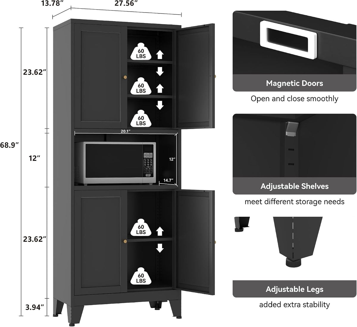 YAUWOH 69" Tall Metal Pantry Cabinet with Microwave Shelf, 4 Doors & 3 Adjustable Shelves, 120LBS Per Shelf Heavy Duty Storage Cabinet with Anti-Tip Design for Kitchen,Dining Room (1PC,Black)