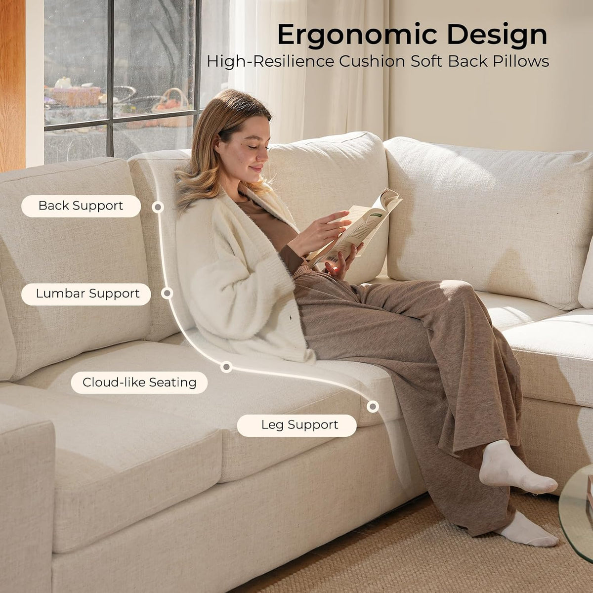 ELUCHANG 113" V-Shaped Modular Sectional Sofa Couch, Modern 7-Seat Comfy Linen Deep Seat Sofa with Corner, Removable Cover, Easy Assembly, Large Sofas & Couches for Living Room, Office, Beige