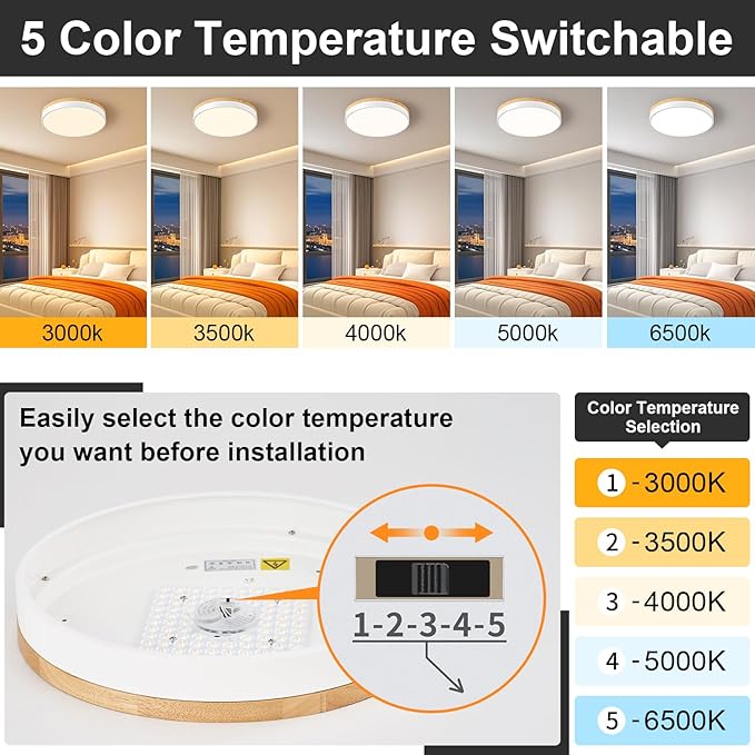 Dimmable Wood LED Ceiling Light Fixture, White Round Low Profile Flush Mount Ceiling Lighting, Modern 5CCT 2700K-6000K Ceiling Lamp for Living Room Hallway Kitchen Bedroom, 15.8in, YY20240516D