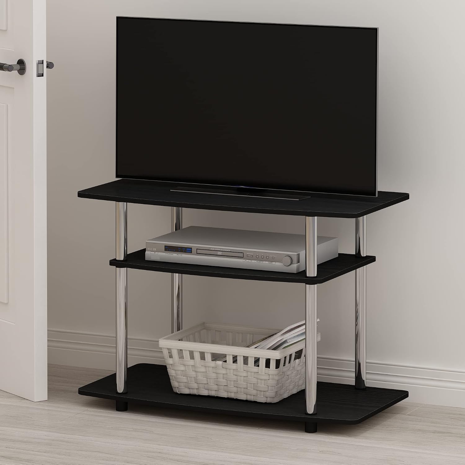 Furinno Turn-N-Tube TV Stand, 3-Tier Toolless Assembly Entertainment Center with Open Shelves, TV Console for TV up to 32 Inch, for Living Room, Bedroom, Americano/Stainless Steel