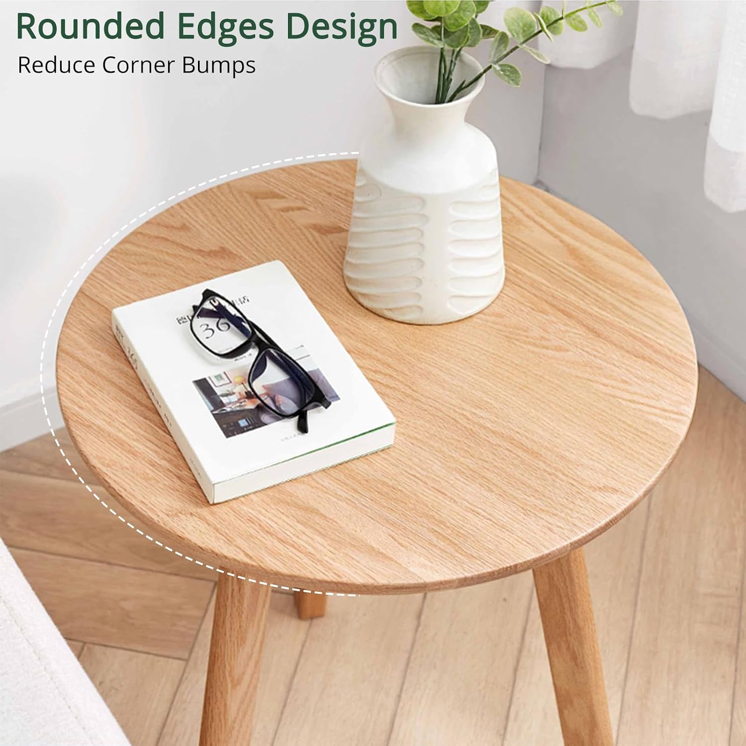 Solid Beech Oak Wood Side Table - Compact End Table with Detachable Cloth Pocket - Modern Small Nightstand with Storage Holder for Living Room, Bedroom (Oak, Natural)