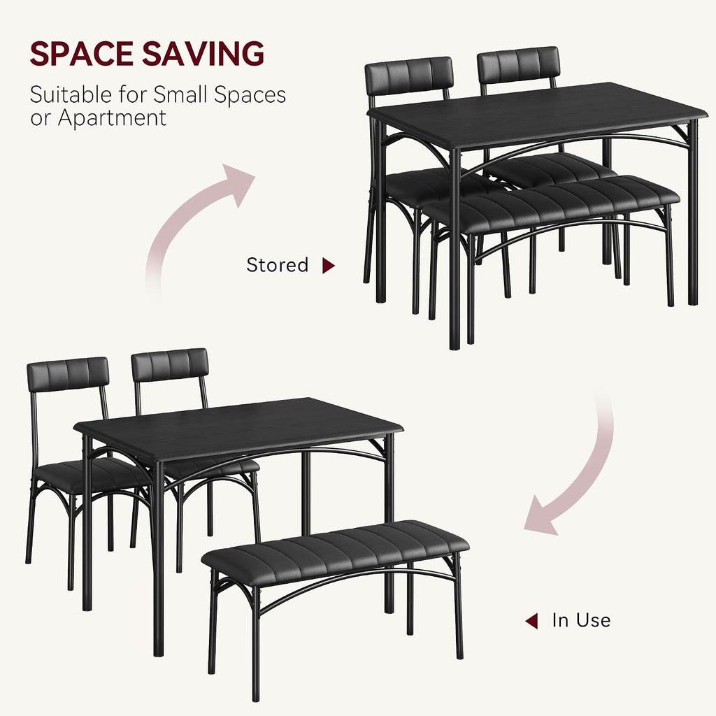 Dining Table Set for 4, Small Dining Table Set with Upholstered Bench and 2 Chairs, Kitchen Table and Chairs for 4, for Small Space, Apartment, Dinner, Rustic Black