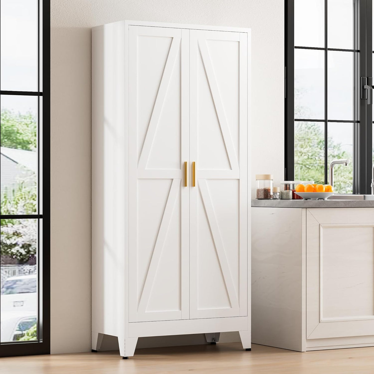 71" Tall Metal Pantry Cabinet, Kitchen Storage Cabinet with 2 Doors and 4 Adjustable Shelves for Kitchen, Living Room, Dining Room, Bathroom and Home, Office (White, 1PC)