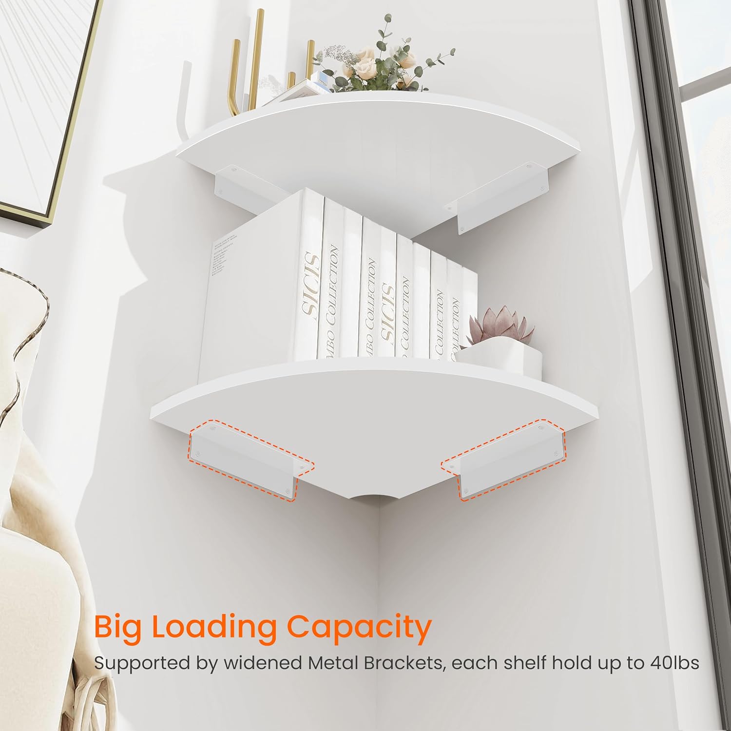 Homode Corner Floating Shelves, Set of 4 Round Corner Shelf Wall Mount with Cord Hole, 12 Inch Wood Curved Corner Hanging Shelf for Cable Box, Speaker, TV Cords, Books, Plants, White
