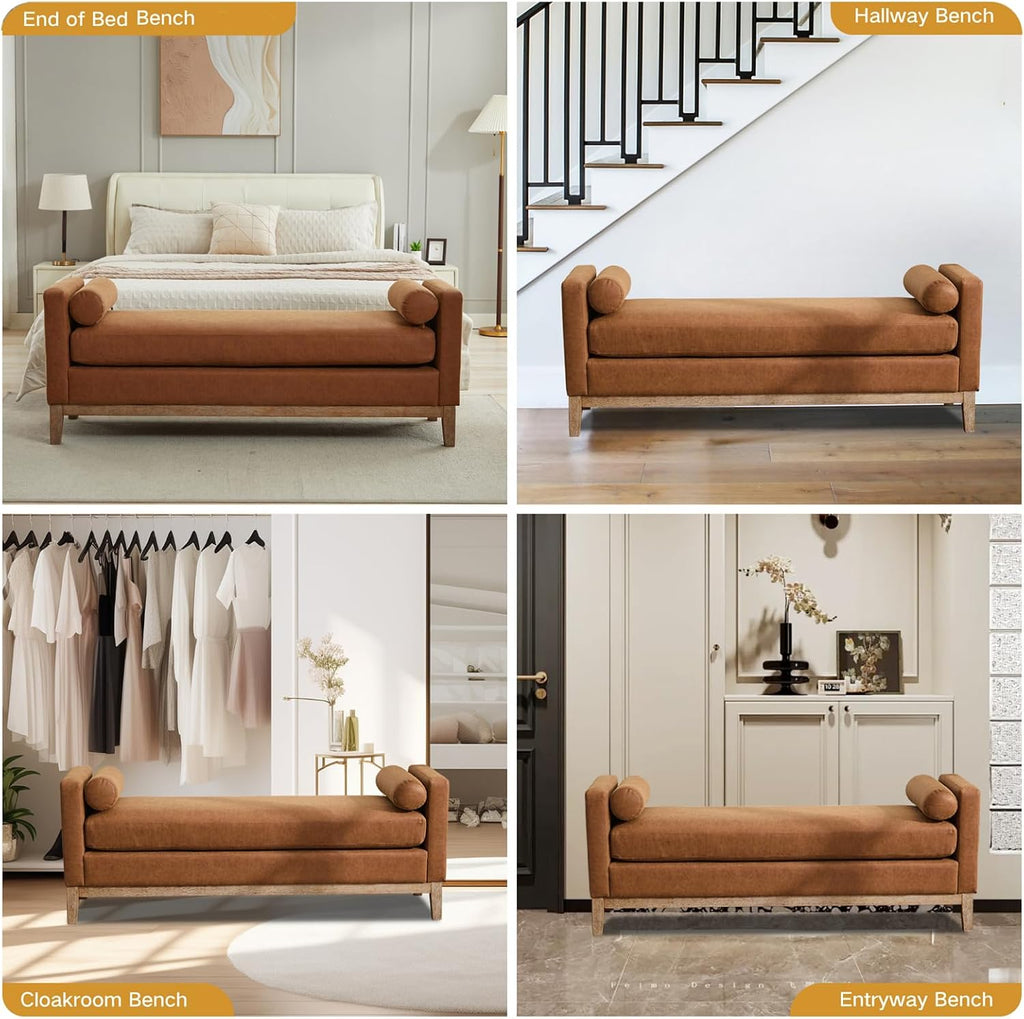 End of Bed Bench for Bedroom, 66.34'' Long King Size Vegan Leather Bench with Arms Upholstered Shoe Bench for Entryway, Hallway, Cloakroom, Window Bench (Brown PU).