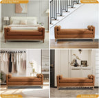 End of Bed Bench for Bedroom, 66.34'' Long King Size Vegan Leather Bench with Arms Upholstered Shoe Bench for Entryway, Hallway, Cloakroom, Window Bench (Brown PU).