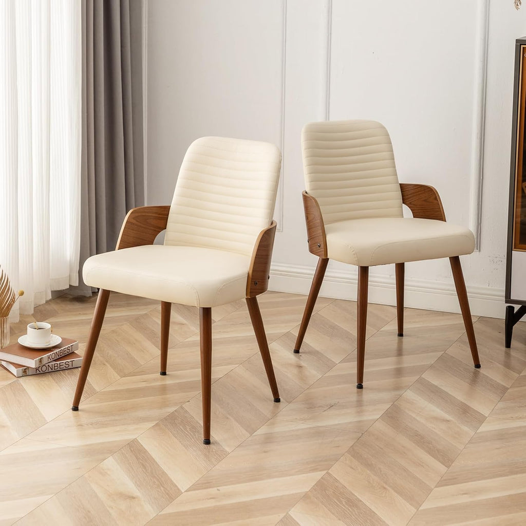 Dining Room Chairs,Mid Century Modern Kitchen Chair,Upholstered Faux Leather Accent Chairs,Metal Legs Wooden Desk Chair,Armless and No Wheels for Kitchen Dining,Beige PU,1PCS