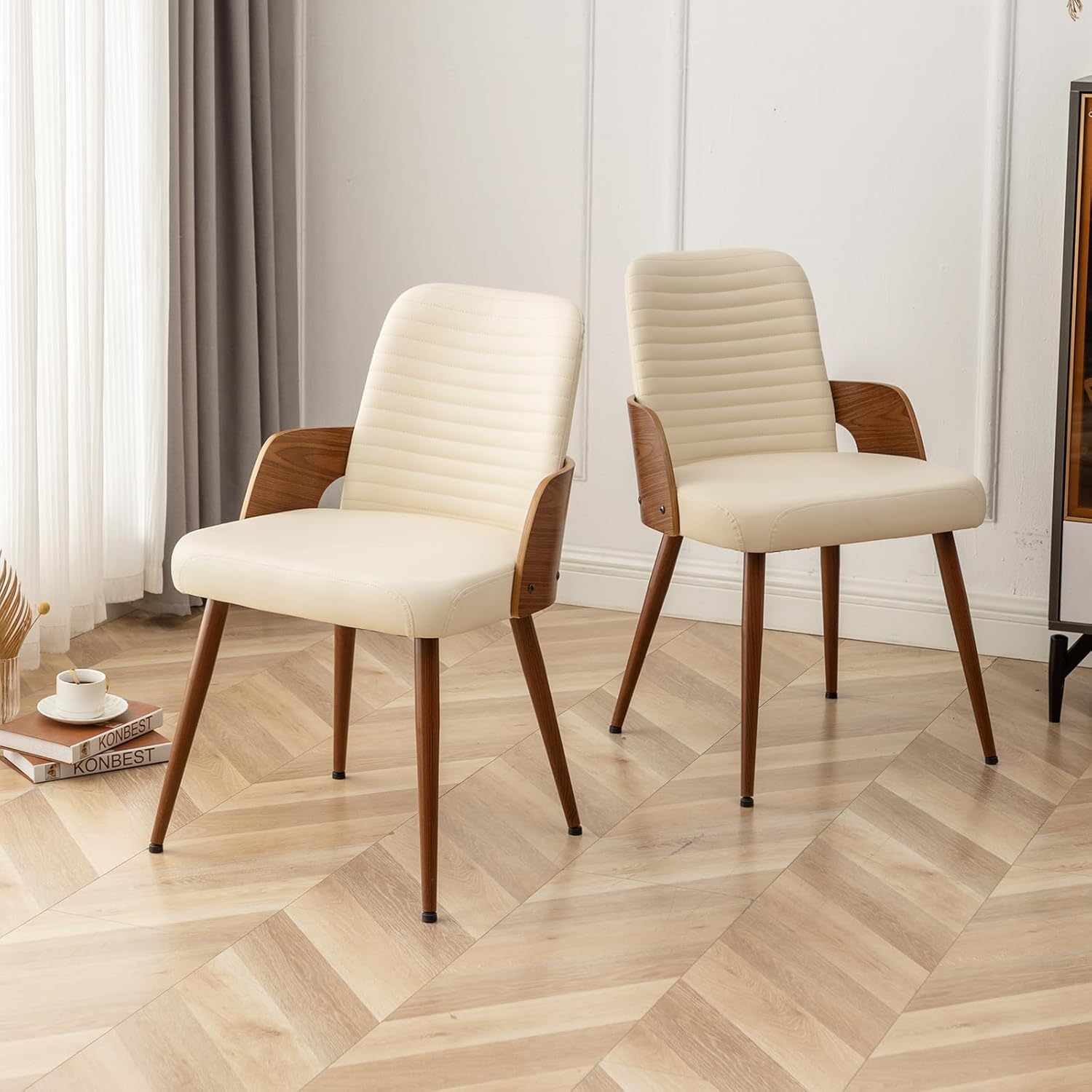 Dining Room Chairs,Mid Century Modern Kitchen Chair,Upholstered Faux Leather Accent Chairs,Metal Legs Wooden Desk Chair,Armless and No Wheels for Kitchen Dining,Beige PU,1PCS