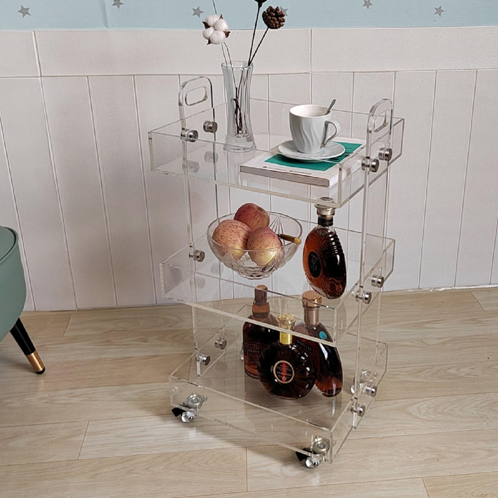 Gdrasuya10 Clear Acrylic Side Table with Wheels, 3 Tier Acrylic End Table Side Table Rolling Serving Cart Snack Table Easy Assemble for Couch Living Room Party Balcony