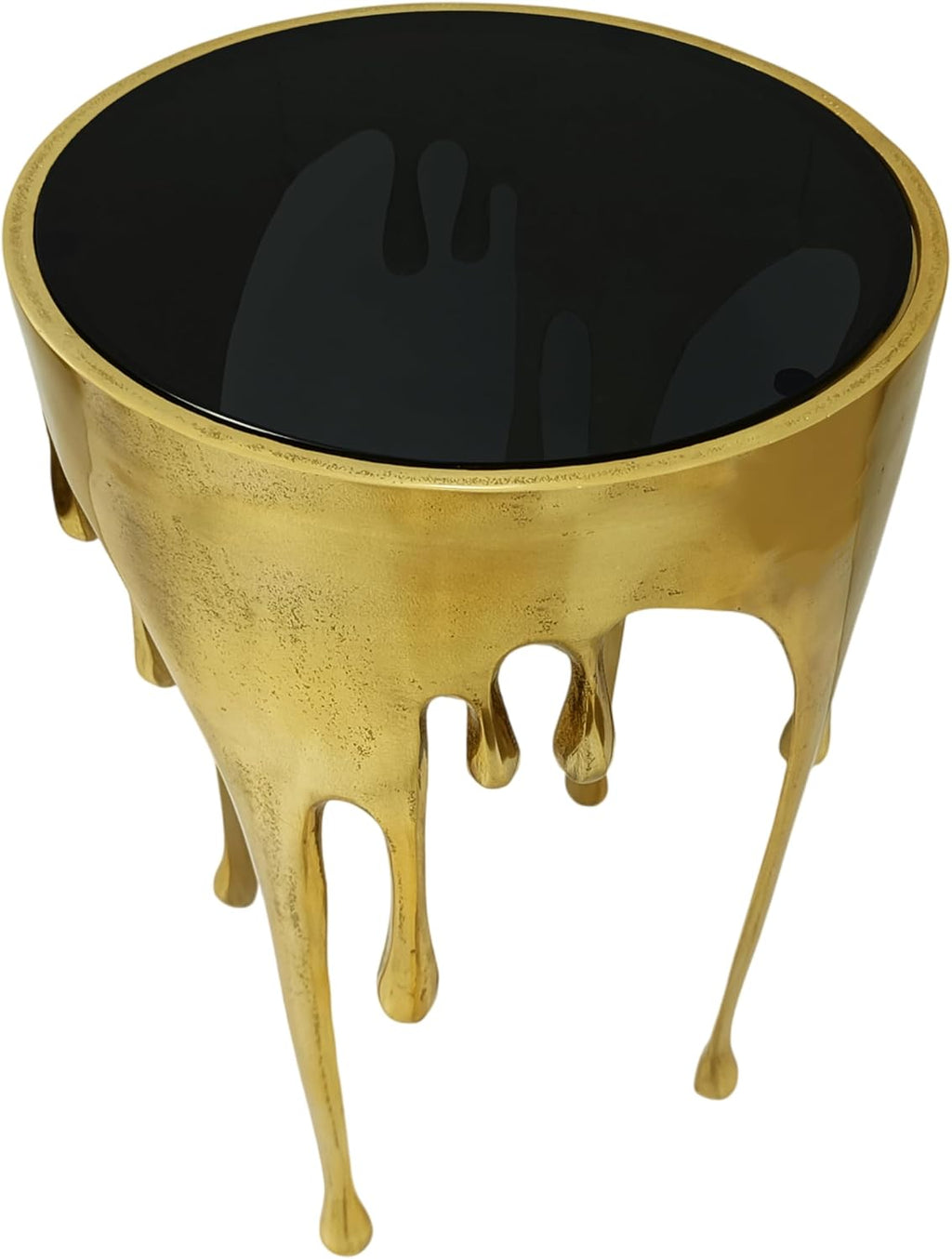 TUP THE URBAN PORT Capri Side End Table, 24.75 Inch Round Glass Top, Antique Gold Finish, Melting Drip Design Base, Modern Glam Accent Table for Living Room, Bedroom and Home Decor Display