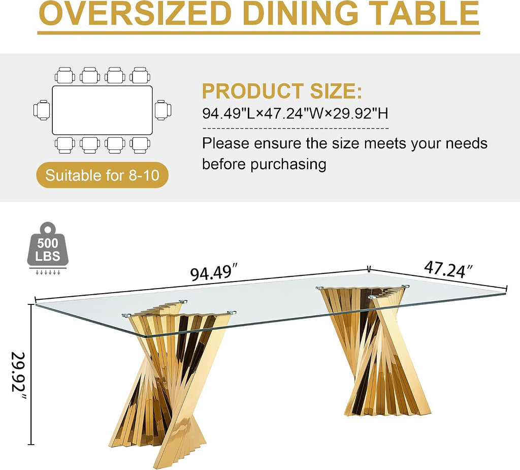 94" Modern Glass Gold Dining Table for 8-10, Luxury Kitchen Table with Tempered Glass Top & Mirror Finish Stainless Steel Base, Large Dinner Pedestal Tables for Home Banquet Hall Room, Only Table