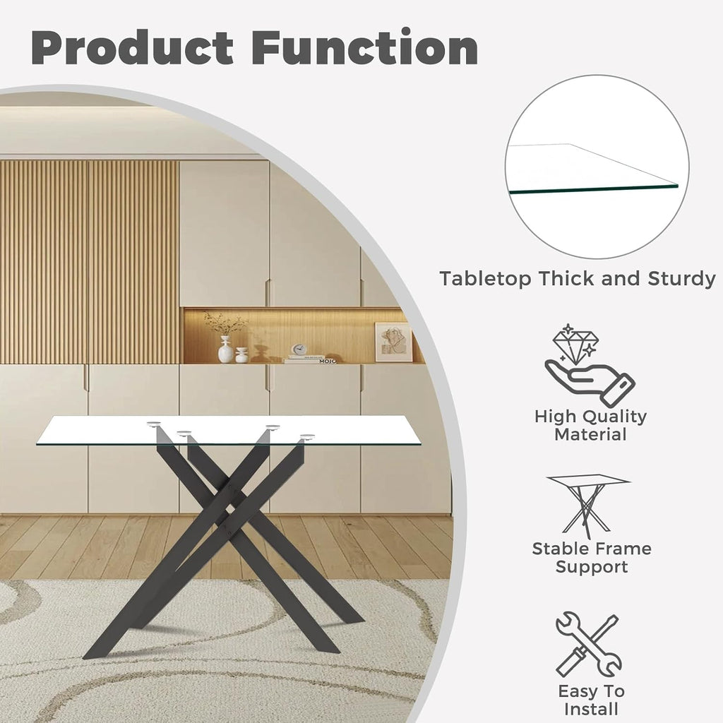 51.18" W Glass Dining Table Set for 4, Modern Rectangular Glass Kitchen Table with Black Metal Legs, 4 PU Leather Chairs with Black Legs, for Dining Room, Home -Dark Grey