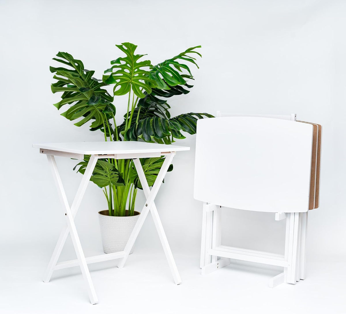 PJ Wood - 5 Pack XL TV Tray Tables - White Wood Set | Large Size, Rectangular Shape, Modern Style, Foldable Design, 33.2 lb Capacity Each, Small Space Storage