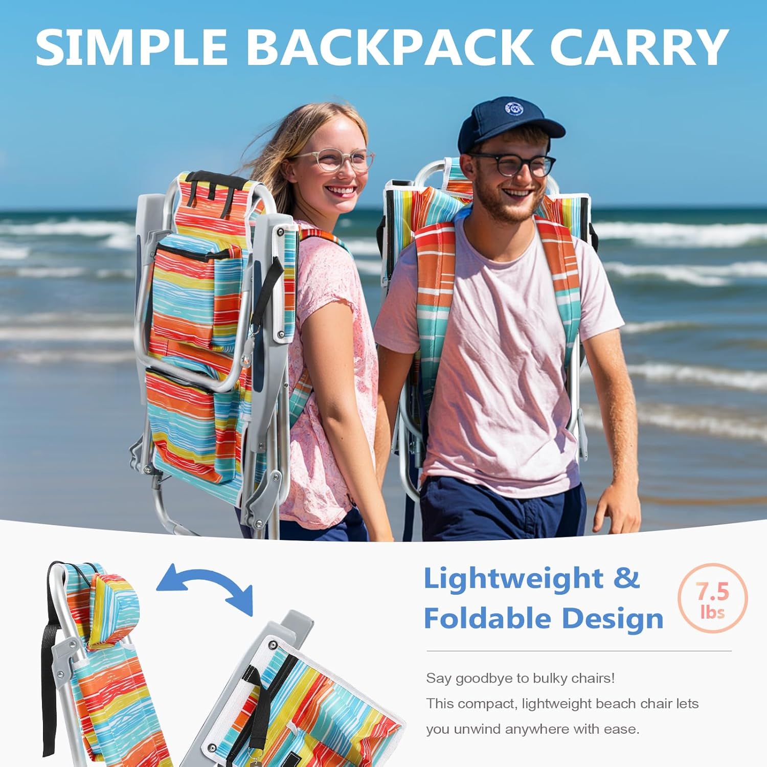 PASAMIC Backpack Beach Chairs for Adults 2 Pack Portable, Lay Flat Reclining Beach Chairs with 5 Positions, Tall Heavy Duty Folding Chair with Cup Holder, Cooler Pouch, Towel Bar, Multicolor Stripe