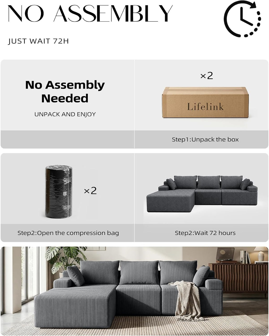 Lifelink 108" Couch L-Shaped - Modular Sectional Couches for Living Room Cloud Sofa with Deep Seat High Back Oversized Left Facing Chaise No Assembly Required