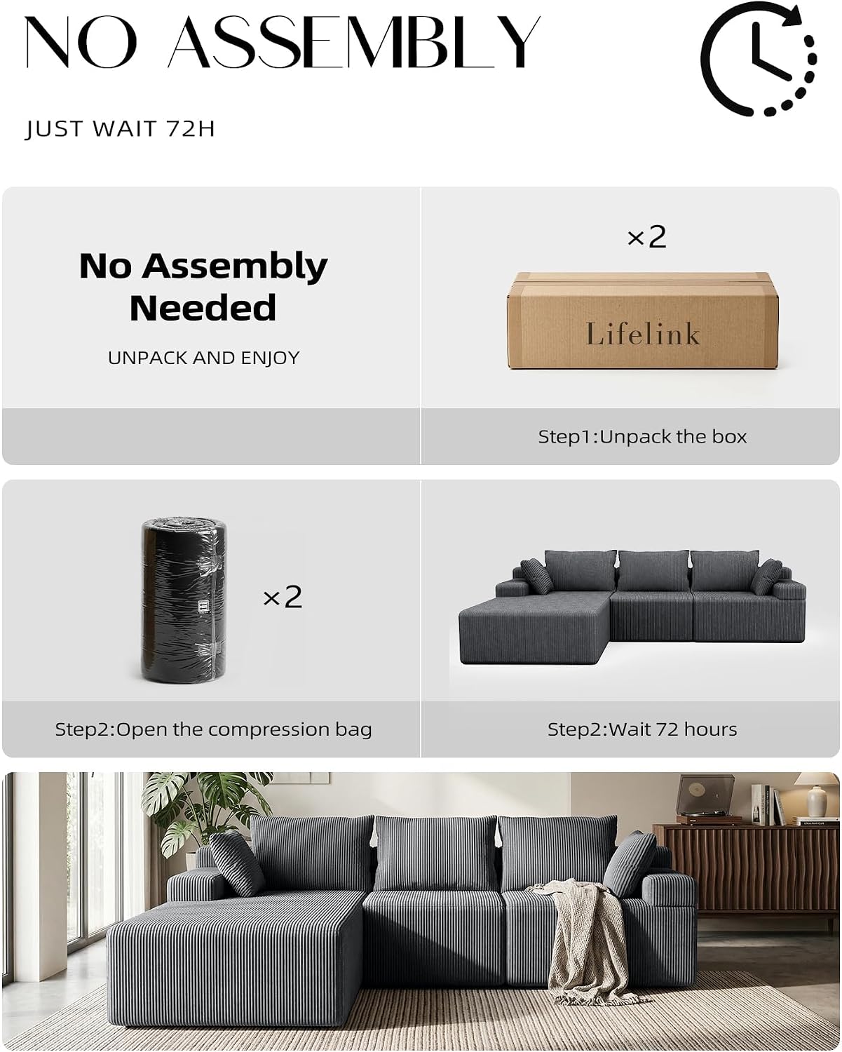 Lifelink 108" Couch L-Shaped - Modular Sectional Couches for Living Room Cloud Sofa with Deep Seat High Back Oversized Left Facing Chaise No Assembly Required